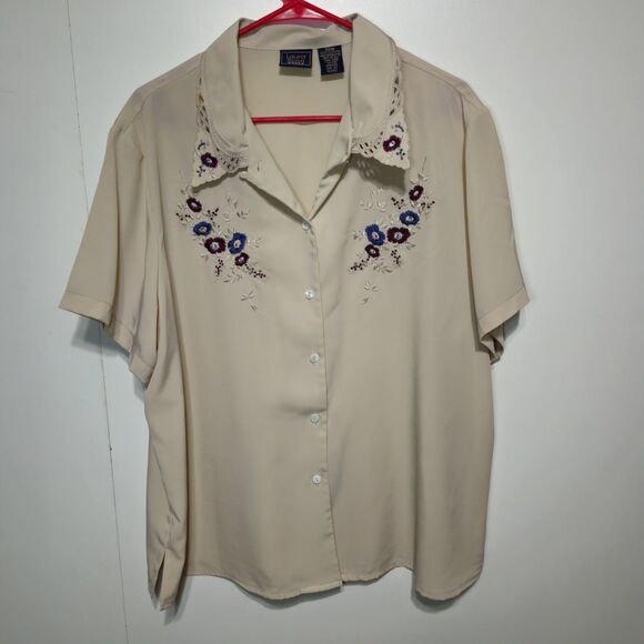 Laura Scott Tops - Vintage Laura Scott Blouse 20W Embroidered Floral Button Front Beige Top